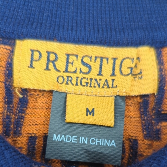 Men's Prestige Geometric Polo Knit Sweater Blue Orange M retro vintage preppy 90 - Picture 4 of 7